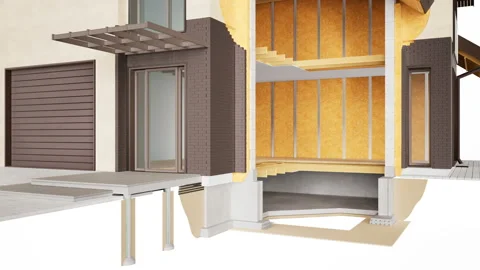 Cutaway of house. Visible structures, interior and insulation. Brown bricks. 動画素材 107620439