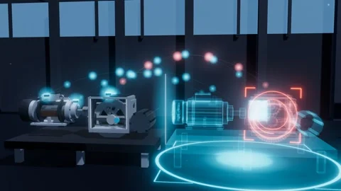 Cutaway machine drivetrain sensor data streaming into holographic digital tw 動画素材 344649789