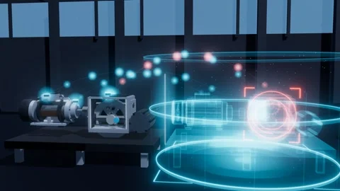 Cutaway machine drivetrain sensor data streaming into holographic digital tw Vídeos de archivo 344705623