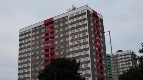 Cutaway shot. Tower block, council flats, social housing. Hull.UK 4.7.2026 Stock Footage 338406494