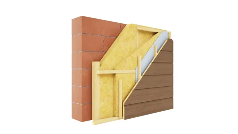 Cutaway of wall structure: blocks, frame, insulation, wooden paneling. 動画素材 115369403