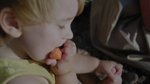 Cute 2-years boy with small carrot sitting at the beach 스톡 동영상 145357034