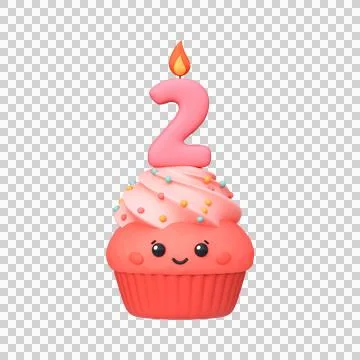 Cute 3D Cupcake with Candle for 2nd Birthday Illustrazione stock