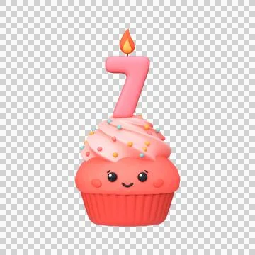 Cute 3D Cupcake with Candle for 7th Birthday Stock Illustration
