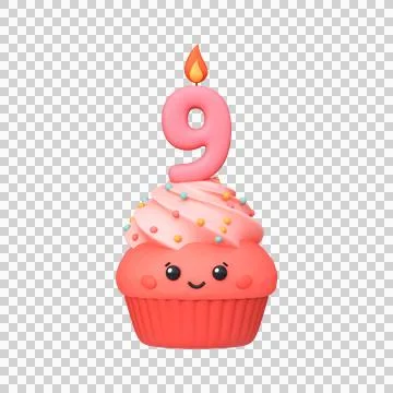 Cute 3D Cupcake with Candle for 9th Birthday Stock Illustration