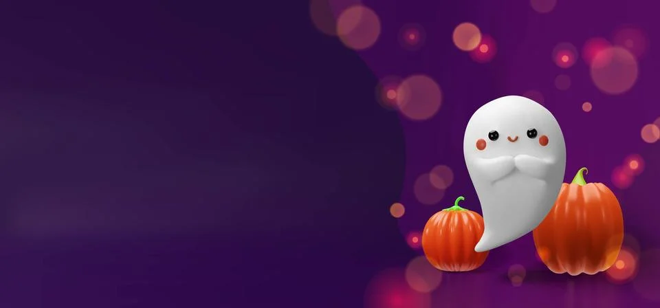 A cute 3D ghost and glowing pumpkins Stock Illustration