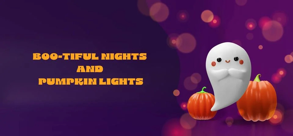 A cute 3D ghost and glowing pumpkins text Stock Illustration