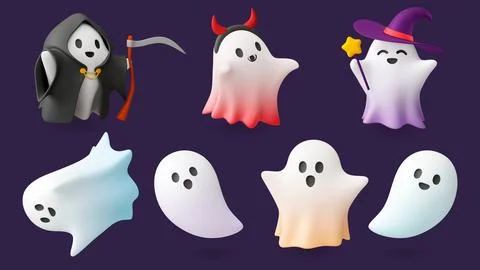 Cute 3d ghosts, render ghost halloween elements. Holiday cute horror characters Stock Illustration