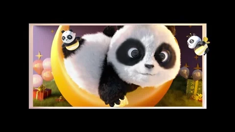 Cute 3D Giant Panda on Moon with Panda Bees, Birthday Party Cartoon Animation Stock Footage 331845275