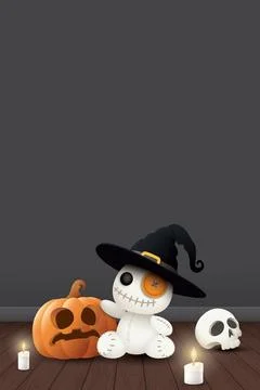 Cute 3D Halloween elements decorated on wooden floor with dark wall vertica.. Stock Illustration