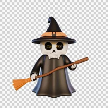 Cute 3D Halloween Skull Witch Holding a Magic Broomstick Stock Illustration