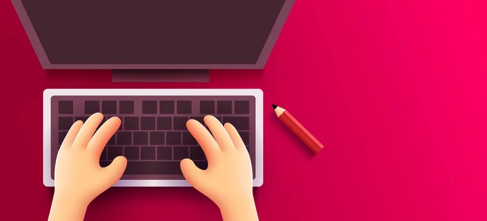 Cute 3d Human hands work on a computer keyboard on a table. View from above. Stock Illustration