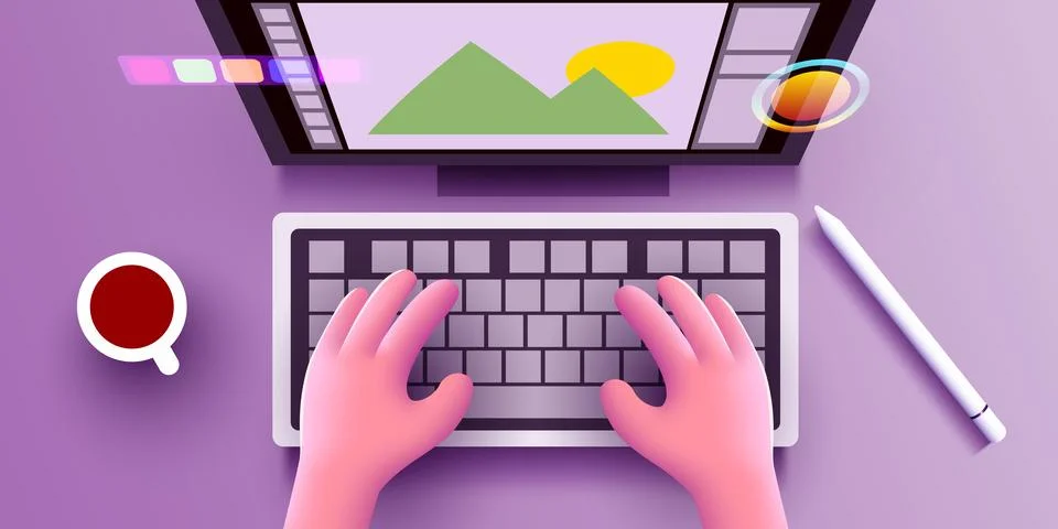 Cute 3d Human hands work on a computer keyboard. Designer and digital artist Stock Illustration