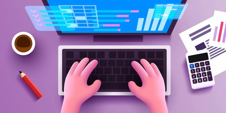 Cute 3d Human hands work on a computer keyboard. Financial business analytic and Stock Illustration