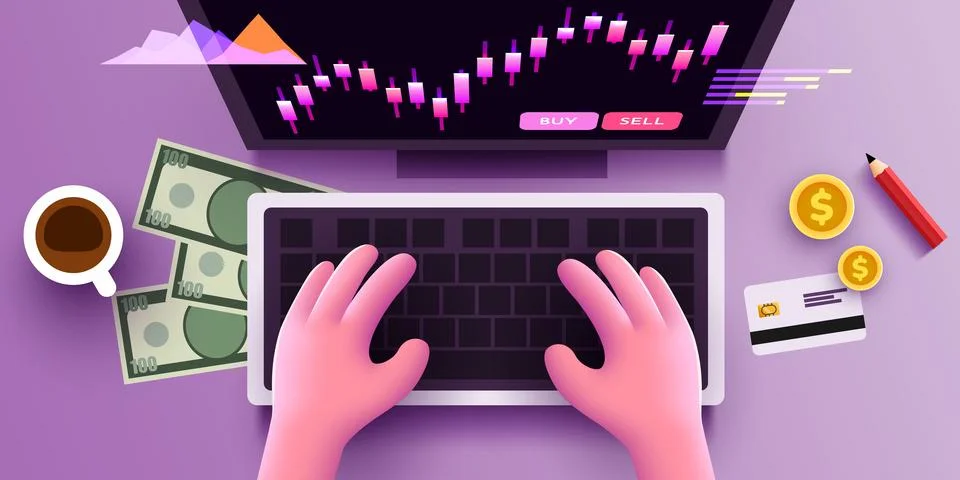 Cute 3d Human hands work on a computer keyboard. Financial business analytic and Stock Illustration