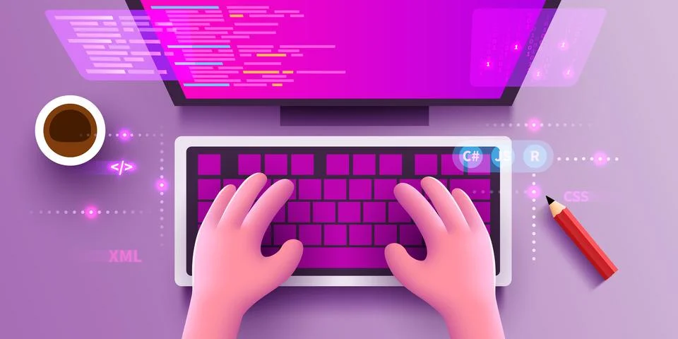 Cute 3d Human hands work on a computer keyboard. Programming and development Stock Illustration