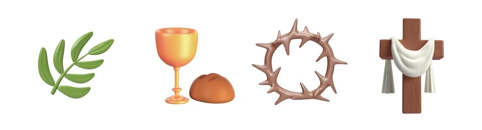 Cute 3d icon Easter Detailed Green Palm Tree Branch, Crown of thorns, Eucharist Stock Illustration