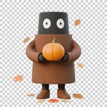 Cute 3D Knitted Character Holding A Pumpkin With Autumn Falling Leaves Stock Illustration