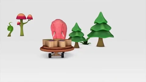Cute 3D Pink Elephant Character Pushing Wooden Cart on White Background Vídeos de archivo 335259870