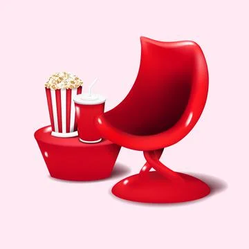 Cute 3d popcorn and soft drink with comfortable chair graphic vector illustra Illustrazione stock