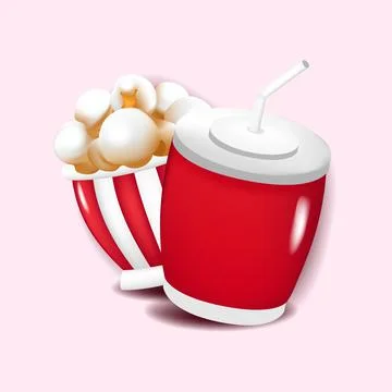 Cute 3d popcorn and soft drink  graphic vector illustration isolate on pink Illustrazione stock