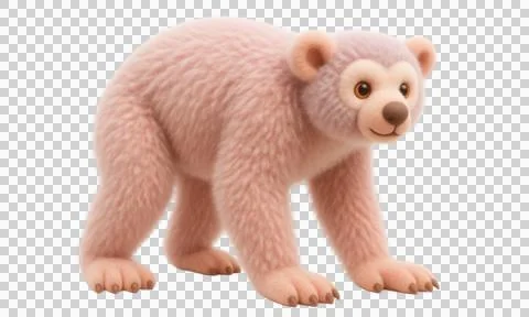 Cute 3d render of pink bear cub, soft cartoon animal art, walking on transp.. Stock Illustration