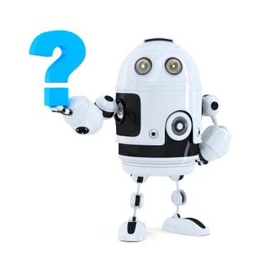 Cute 3D robot with question mark. Isolated. Contains clipping path Ilustración de archivo