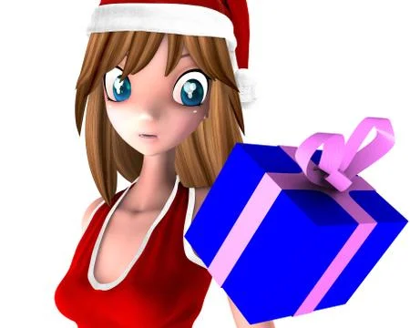 Cute 3d santa lady is looking at a gift box Stock Illustration