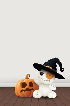 Cute 3D Voodoo doll wearing witch's hat and pumpkin Jack-O'-Lantern decorat.. Stock Illustration