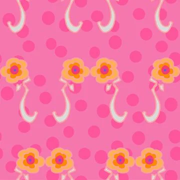 Cute 60s style flowers vector seamless repeat pattern with dots in pink and o Stock Illustration