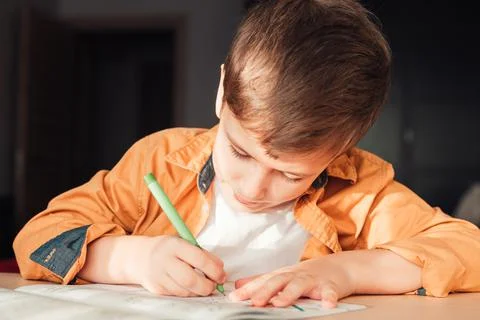 Cute 7 years old child doing his homework sitting by desk Stock Photos