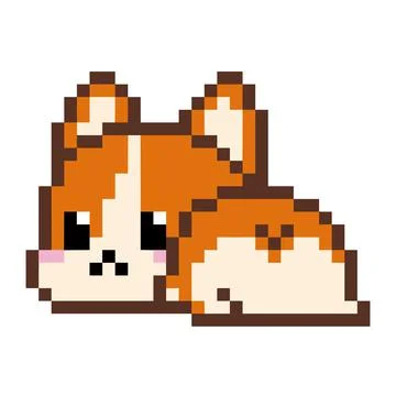 Cute 8 bit pixel cartoon dog. Funny welsh corgi pembroke or cardigan dog lies on Stock Illustration
