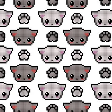 Cute 8 bit pixel cats on white background. Endless Seamless pattern. Funny Stock Illustration