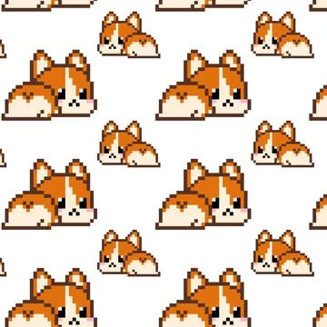 Cute 8 bit pixel corgi dog cartoon seamless pattern. Funny welsh corgi pembroke Stock Illustration