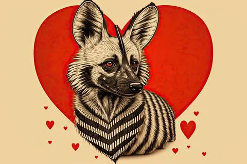 Cute  Aardwolf, isolated on a background with red hearts Stock Illustration