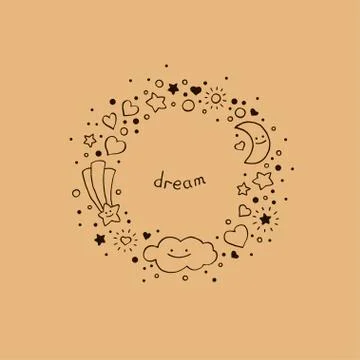 Cute abstract background in hand-drawn style. Round frame with cloud, stars,  Stock Illustration