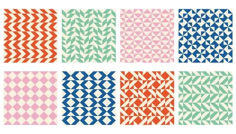 Cute abstract collection of triangle and square seamless patterns. Monochro.. Illustrazione stock