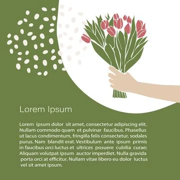 Cute abstract congratulation illustrations, Hand holds bouquet of pink tulips Stock Illustration