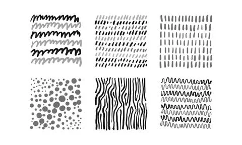 Cute abstract patterns set, black, gray, white irregular design elements vector Stock Illustration