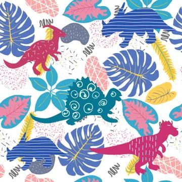 Cute abstract seamless pattern with dinosaurs and Tropical plants. Stock Illustration