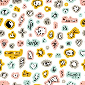 Cute abstract seamless pattern with doodle boho elements. Hand drawn backgr.. Illustrazione stock