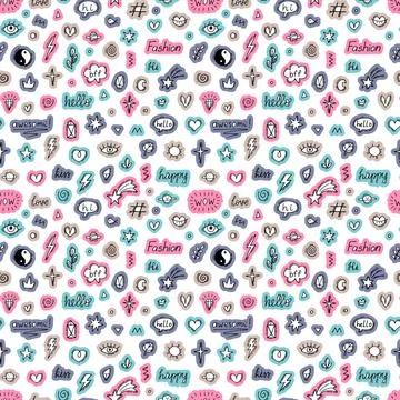 Cute abstract seamless pattern with hand drawn doodle elements. Stickers Illustrazione stock
