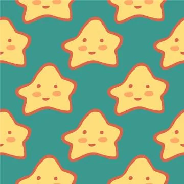 Cute abstract stars seamless pattern on green background. Character star shap Stock Illustration
