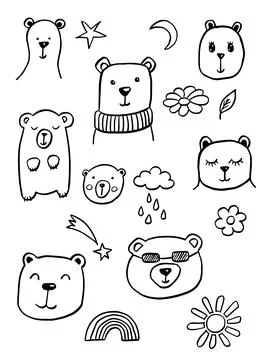 Cute adorable bears set, head and face doodle set collection outline icons Illustrazione stock