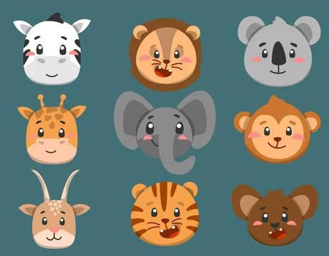 Cute africa animals faces in vector, kids characters for design Stock Illustration