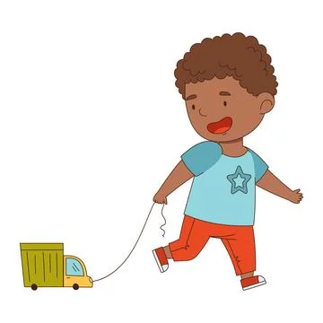 Cute African American Boy Pulling Toy Car by String Having Fun On His Own Stock Illustration