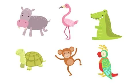 Cute African Animals Set, Turtle, Monkey, Parrot, Hippo, Flamingo, Crocodile Stock Illustration