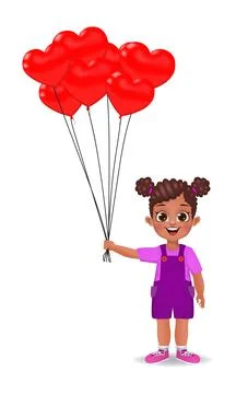Cute African girl holding heart-shaped balloons vector Stock Illustration