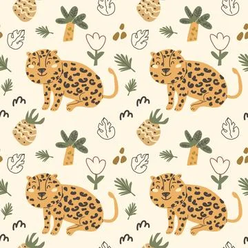 Cute african leopard and pineapple seamless pattern in scandinavian doodle .. Stock Illustration
