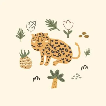 Cute african leopard and pineapple composition print in scandinavian doodle Stock Illustration